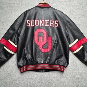 Oklahoma Sooners Leather Bomber Jacket Red OU Logo Mens L G NFL College LARGE